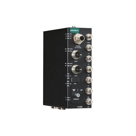 Moxa (V1222-W-CT-T) Arm architektūros kompaktiškas bėgelis kompiuteris, komplektacija: 2 GbE prievadai, 2 nuosekliojo ryšio prievadai, 1 USB prievadas, 1 microSD lizdas, iš anksto įdiegta Wi-Fi 6 ir 5G moduliai, dvigubas-SIM Palaikymas, 24...110 VDC, Darb 1