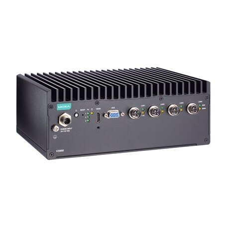Moxa (V3210-TL1-4L-T) x86 kompiuteris, komplektacija: Intel® Celeron® 6305E procesorius, 4 GbE prievadai, 4 nuosekliojo ryšio prievadai, 2 skaitmeniniai įėjimai (DI), 2 skaitmeniniai išėjimai (DO), 2 USB prievadai, 1 HDMI prievadas, 1 VGA prievadas, 2 2.5