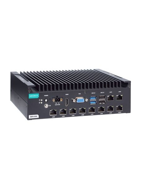 Moxa (BXP-A100-E4-8L-T) Box computer with Intel Atom® x6425E processor, 10 LAN ports, 2 serial ports, 4 DIs, 4 DOs, 2 USB 3.0 ports, 4 USB 2.0 ports, 1 VGA port, 1 HDMI port, 1 CFast slot, 1 SD slot, 12/24 VDC power input, -30 to 60°C operating temperatur