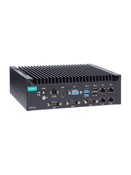 Moxa (BXP-C100-C1-2L3C-T) Box computer with Intel® Celeron® 6305E processor, 4 LAN ports, 5 serial ports, 4 DIs, 4 DOs, 2 USB 3.0 ports, 4 USB 2.0 ports, 1 VGA port, 1 HDMI port, 1 CFast slot, 1 SD slot, 12/24 VDC power input, -30 to 60°C operating temper