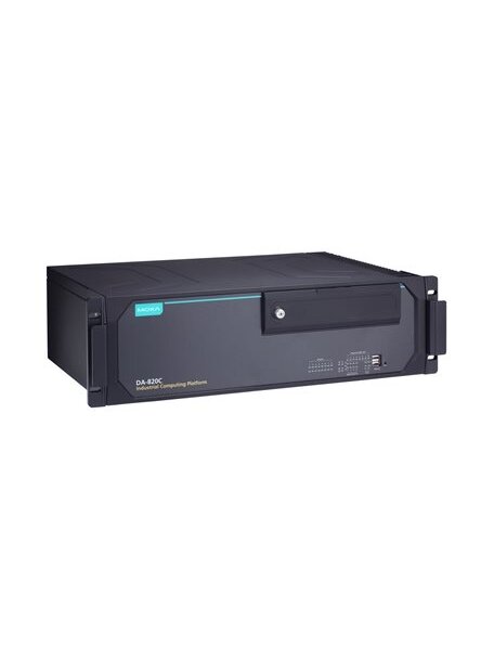Moxa (DA-820C-KL3-HH-T) x86 computer with Intel® Core™ i3-7102E processor, 2 HDMI ports, 1 VGA port, 2 PS/2 ports, 4 Gigabit Ethernet ports, 2 RS/232/422/485 serial ports, 6 DIs, 2 DOs, 1 mSATA slot, 4 SSD slots, dual AC power, -40 to 70°C operating tempe