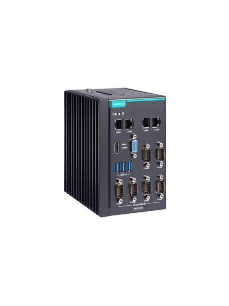 Moxa (DRP-C100-C5-2L4C-T) DIN-rail computer with Intel® Core™ i5-1145G7E processor, 4 LAN ports, 6 serial ports, 3 USB 3.0 ports, 1 VGA port, 1 HDMI port, 1 CFast slot, 1 SD slot, 12/24 VDC power input, -30 to 60°C operating temperature