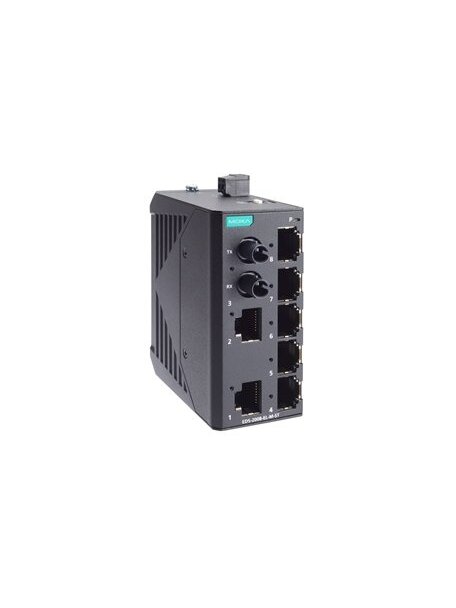Moxa (EDS-2008-EL-M-ST) Unmanaged Fast Ethernet switch with 7 10/100BaseT(X) ports, 1 100BaseFX multi-mode port with ST connectors, 12/24/48 power input, metal housing, -10 to 60°C operating temperature