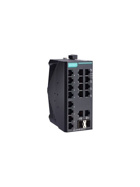 Moxa (EDS-2018-ML-2GTXSFP) Unmanaged Gigabit Ethernet switch with 16 10/100BaseT(X) ports, 2 10/100/1000BaseT(X) or 100/1000BaseSFP ports, -10 to 60°C operating temperature