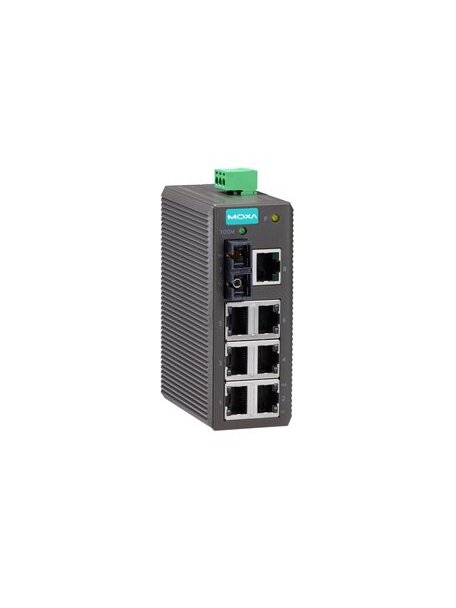 Moxa (EDS-208-M-SC) Entry-level unmanaged Ethernet switch with 7 10/100BaseT(X) ports, 1 100BaseFX multi-mode port with SC connector, plastic housing, -10 to 60°C operating temperature