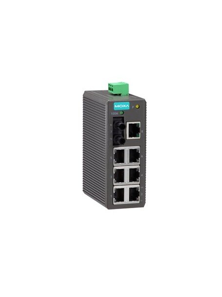 Moxa (EDS-208-M-ST) Entry-level unmanaged Ethernet switch with 7 10/100BaseT(X) ports, 1 100BaseFX multi-mode port with ST connectors, plastic housing, -10 to 60°C operating temperature