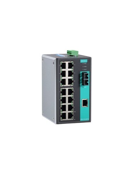 Moxa (EDS-316-M-SC) Unmanaged Ethernet switch with 15 10/100BaseT(X) ports, 1 100BaseFX multi-mode port with SC connector, relay output warning, -10 to 60°C operating temperature
