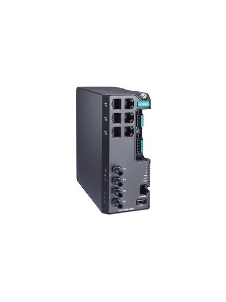 Moxa (EDS-4008-2MST-HV) Managed Ethernet switch with 6 10/100BaseT(X) ports, 2 100BaseFX multi-mode ports with ST connectors, single power supply 110/220 VAC/VDC, -10 to 60°C operating temperature