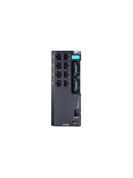Moxa (EDS-4008-2SSC-HV) Managed Ethernet switch with 6 10/100BaseT(X) ports, 2 100BaseFX single-mode ports with SC connectors, single power supply 110/220 VAC/VDC, -10 to 60°C operating temperature 2