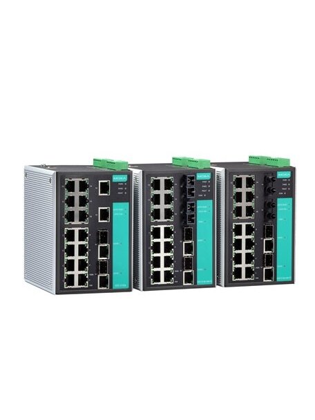 Moxa (EDS-518A-T) Managed Gigabit Ethernet switch with 16 10/100BaseT(X) ports, 2 combo 10/100/1000BaseT(X) or 1000BaseSFP slots for adding SFP-1G Series Gigabit Ethernet modules, -40 to 75°C operating temperature 1