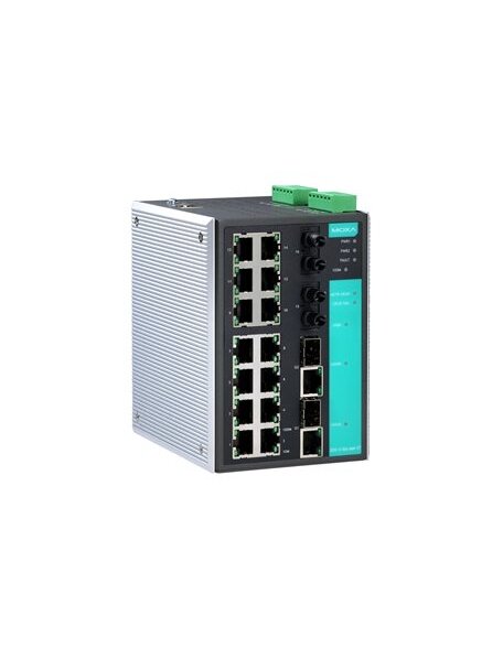 Moxa (EDS-518A-T) Managed Gigabit Ethernet switch with 16 10/100BaseT(X) ports, 2 combo 10/100/1000BaseT(X) or 1000BaseSFP slots for adding SFP-1G Series Gigabit Ethernet modules, -40 to 75°C operating temperature 3