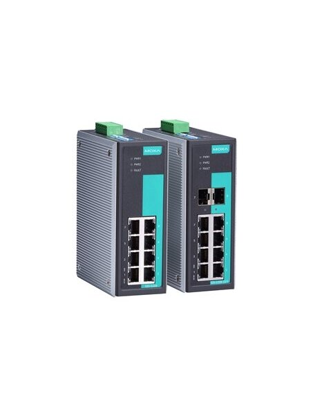 Moxa (EDS-G308-2SFP) Unmanaged full Gigabit Ethernet switch with 6 10/100/1000BaseT(X) ports, 2 combo 10/100/1000BaseT(X) or 100/1000BaseSFP slots for adding SFP-1G/1FE Series Gigabit/Fast Ethernet modules, 0 to 60°C operating temperature 1
