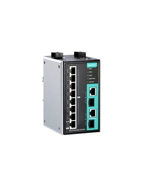 Moxa (EDS-P510A-8PoE-2GTXSFP) Managed Gigabit Ethernet switch with 8 PoE/PoE+ 10/100BaseT(X) ports, 2 combo 10/100/1000BaseT(X) or 100/1000BaseSFP slots for adding SFP-1G/1FE Series Gigabit/Fast Ethernet modules, 0 to 60°C operating temperature