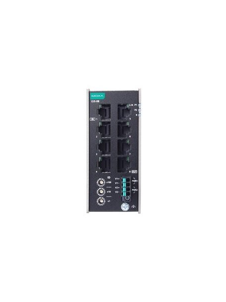 Moxa (EJS-08-T) Compact industrial EtherCAT junction with 8 100BaseT(X) ports, dual 12/24/48 VDC power inputs, -40 to 75°C operating temperature 2