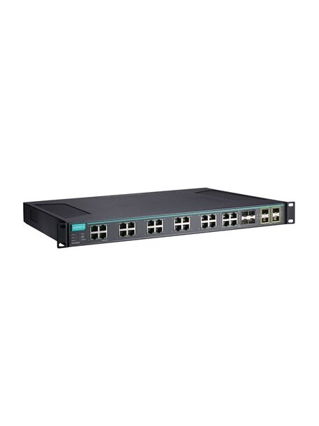 Moxa (ICS-G7528A-4XG-HV-HV-T) Layer 2 full Gigabit managed Ethernet switch with 20 10/100/1000BaseT(X) ports, 4 10/100/1000BaseT(X) or 100/1000BaseSFP slot combo ports, 4 10GbE SFP+ slots, 2 isolated power supplies (85 to 264 VAC), -40 to 75°C operating t