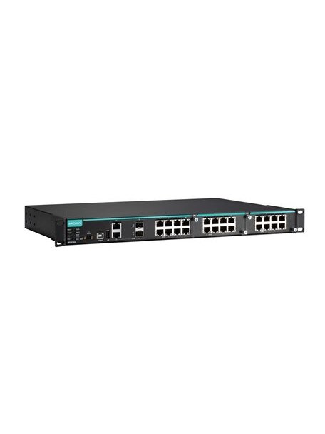 Moxa (IKS-6726A-2GTXSFP-24-24-T) Modular managed Ethernet switch with 8 10/100BaseT(X) ports, 2 10/100/1000BaseT(X) or 100/1000BaseSFP combo ports, 2 slots for Fast Ethernet modules, front cabling, 2 isolated power supplies (24 VDC), -40 to 75°C operating