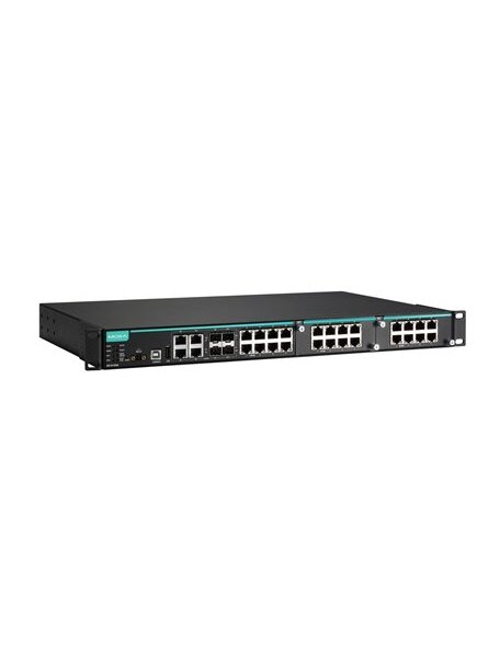 Moxa (IKS-6728A-4GTXSFP-HV-HV-T) Modular managed Ethernet switch with 8 10/100BaseT(X) ports, 4 10/100/1000BaseT(X) or 100/1000BaseSFP combo ports, 2 slots for Fast Ethernet modules, front cabling, 2 isolated power supplies (85 to 264 VAC), -40 to 75°C op