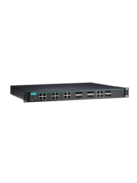 Moxa (IKS-G6824A-8GSFP-4GTXSFP-HV-HV) Layer 3 full Gigabit managed Ethernet switch with 12 10/100/1000BaseT(X) ports, 8 100/1000BaseSFP slots, 4 10/100/1000BaseT(X) or 100/1000BaseSFP slot combo ports, 2 isolated power supplies (85 to 264 VAC), 0 to 60°C