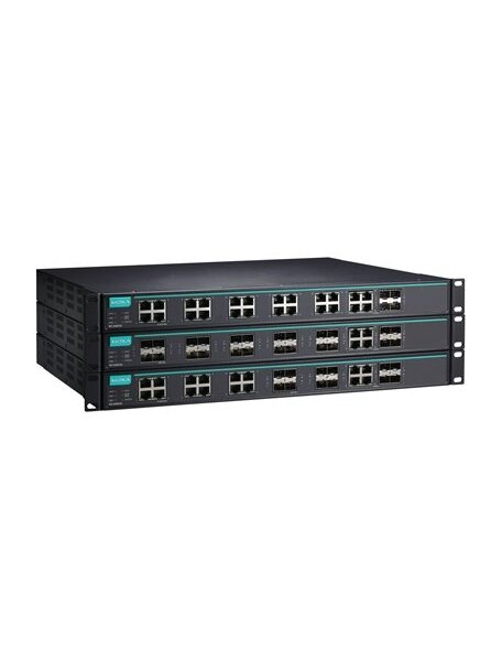 Moxa (IKS-G6824A-8GSFP-4GTXSFP-HV-HV-T) Layer 3 full Gigabit managed Ethernet switch with 12 10/100/1000BaseT(X) ports, 8 100/1000BaseSFP slots, 4 10/100/1000BaseT(X) or 100/1000BaseSFP slot combo ports, 2 isolated power supplies (85 to 264 VAC), -40 to 7 2
