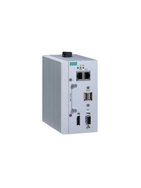 Moxa (MC-1111-E4-T) x86 embedded computer with Intel Atom® quad-core E3845 processor, 4 GB RAM, 1 VGA port, 2 USB ports, 2 Gigabit Ethernet ports, 1 CFast socket, 1 SD slot, 1 DisplayPort, 12 to 36 VDC power, -40 to 70°C operating temperature