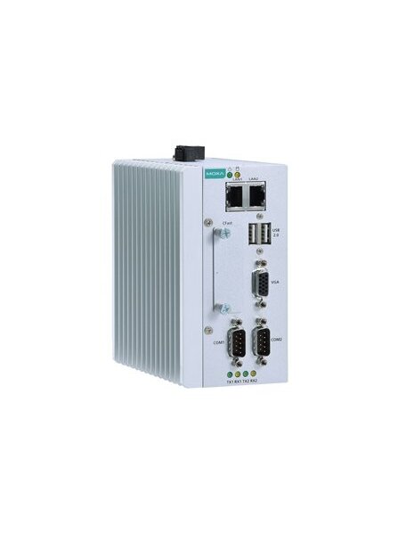 Moxa (MC-1112-E2-T) x86 embedded computer with Intel Atom® dual-core E3826 processor, 4 GB RAM, 1 VGA port, 2 USB ports, 2 Gigabit Ethernet ports, 2 serial ports, 1 CFast socket, 12 to 36 VDC power, -40 to 70°C operating temperature