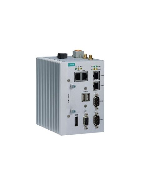 Moxa (MC-1121-E4-T-W7E) x86 embedded computer with Intel Atom® quad-core E3845 processor, 1 CFast socket with 32 GB card preinstalled, Windows Embedded Standard 7 preinstalled, 4 GB RAM, 1 VGA port, 2 USB ports, 4 Gigabit Ethernet ports, 2 serial ports, 4 3