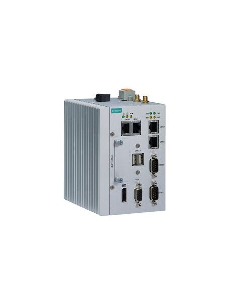 Moxa (MC-1121-E4-T-W7E) x86 embedded computer with Intel Atom® quad-core E3845 processor, 1 CFast socket with 32 GB card preinstalled, Windows Embedded Standard 7 preinstalled, 4 GB RAM, 1 VGA port, 2 USB ports, 4 Gigabit Ethernet ports, 2 serial ports, 4