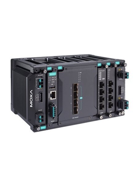 Moxa (MDS-G4012-4XGS-T) Layer 2 full Gigabit modular managed Ethernet switch with 4 fixed 10GbE SFP+ slots, 2 slots for optional 4-port GE/FE modules, 2 slots for isolated power modules, up to 8 Gigabit Ethernet ports, -40 to 75°C operating temperature 1