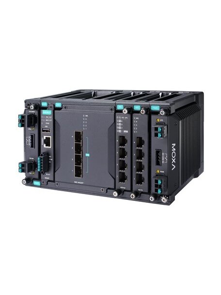 Moxa (MDS-G4012-L3-4XGS-T) Layer 3 full Gigabit modular managed Ethernet switch with 4 fixed 10GbE SFP+ slots, 2 slots for optional 4-port GE/FE modules, 2 slots for isolated power modules, up to 8 Gigabit Ethernet ports, -40 to 75°C operating temperature 3