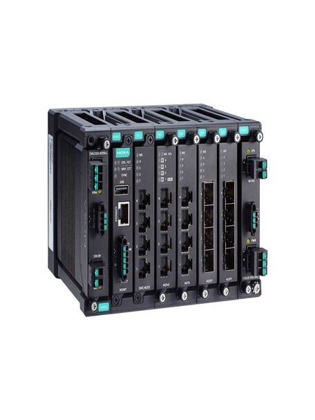 Moxa (MDS-G4020) Layer 2 full Gigabit modular managed Ethernet switch with 4 fixed Gigabit Ethernet ports, 4 slots for optional 4-port GE/FE modules, 2 slots for isolated power modules, up to 20 Gigabit Ethernet ports, -10 to 60°C operating temperature