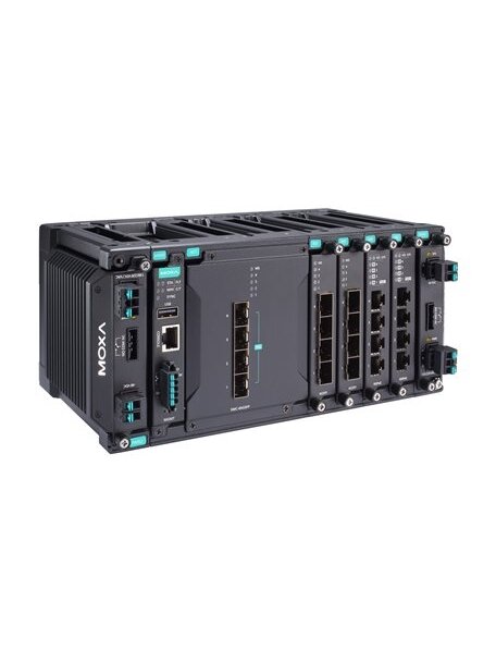 Moxa (MDS-G4020-4XGS-T) Layer 2 full Gigabit modular managed Ethernet switch with 4 fixed 10GbE SFP+ slots, 4 slots for optional 4-port GE/FE modules, 2 slots for isolated power modules, up to 16 Gigabit Ethernet ports, -40 to 75°C operating temperature Moxa (MDS-G4020-4XGS-T) Layer 2 full Gigabit modular managed Ethernet switch with 4 fixed 10GbE SFP+ slots, 4 slots for optional 4-port GE/FE modules, 2 slots for isolated power modules, up to 16 Gigabit Ethernet ports, -40 to 75°C operating temperature
