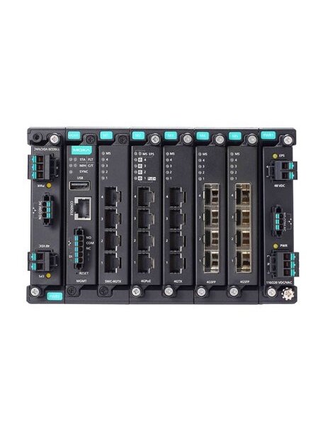 Moxa (MDS-G4020-L3-T) Layer 3 full Gigabit modular managed Ethernet switch with 4 fixed Gigabit Ethernet ports, 4 slots for optional 4-port GE/FE modules, 2 slots for isolated power modules, up to 20 Gigabit Ethernet ports, -40 to 75°C operating temperatu 2