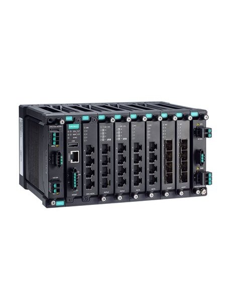 Moxa (MDS-G4028) Layer 2 full Gigabit modular managed Ethernet switch with 4 fixed Gigabit Ethernet ports, 6 slots for optional 4-port GE/FE modules, 2 slots for isolated power modules, up to 28 Gigabit Ethernet ports, -10 to 60°C operating temperature 1