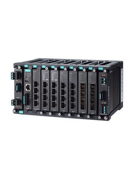 Moxa (MDS-G4028) Layer 2 full Gigabit modular managed Ethernet switch with 4 fixed Gigabit Ethernet ports, 6 slots for optional 4-port GE/FE modules, 2 slots for isolated power modules, up to 28 Gigabit Ethernet ports, -10 to 60°C operating temperature 3