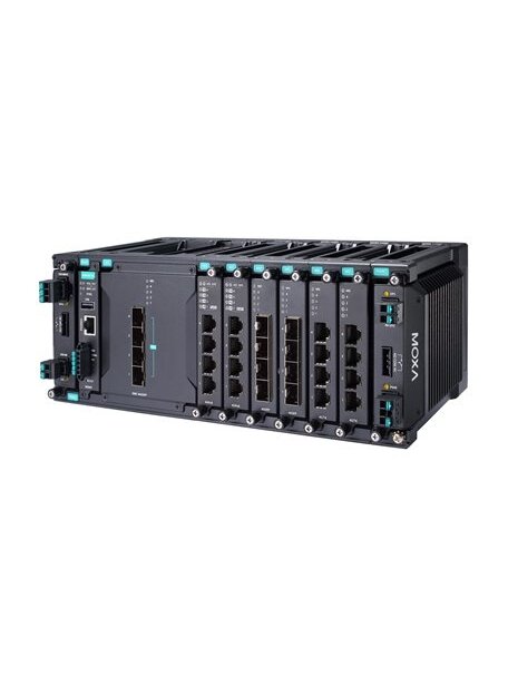 Moxa (MDS-G4028-L3-4XGS-T) Layer 3 full Gigabit modular managed Ethernet switch with 4 fixed 10GbE SFP+ slots, 6 slots for optional 4-port GE/FE modules, 2 slots for isolated power modules, up to 24 Gigabit Ethernet ports, -40 to 75°C operating temperatur 3