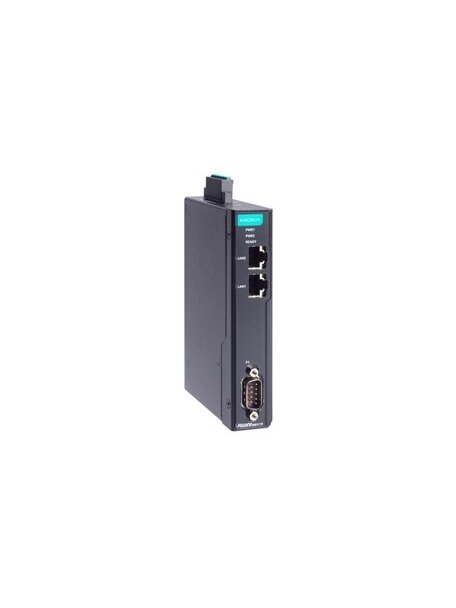 Moxa (MGate MB3270I-TB-G2-T) 2-port advanced serial-to-Ethernet Modbus gateway with 2 RJ45 Ethernet ports, 5-pin terminal block serial connector, 2 kV isolation, -40 to 75°C operating temperature 2