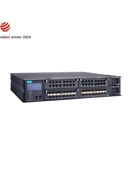 Moxa (MRX-Q4064-L3-16XGS) Layer 3 modular managed 2.5 Gigabit Ethernet switch with 16 10GbE SFP+ ports, 3 slots for 16-port Gigabit or 2.5 Gigabit Ethernet modules, 2 isolated power supplies (90 to 264 VAC), -10 to 60°C operating temperature 1