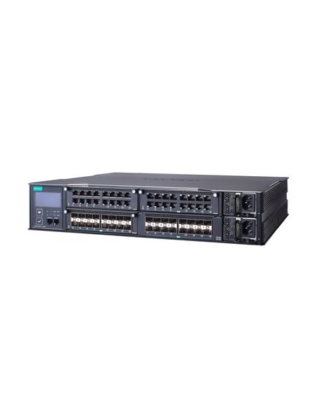 Moxa (MRX-Q4064-L3-16XGS) Layer 3 modular managed 2.5 Gigabit Ethernet switch with 16 10GbE SFP+ ports, 3 slots for 16-port Gigabit or 2.5 Gigabit Ethernet modules, 2 isolated power supplies (90 to 264 VAC), -10 to 60°C operating temperature 3