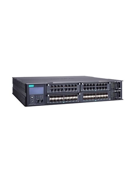 Moxa (MRX-Q4064-L3-16XGS) Layer 3 modular managed 2.5 Gigabit Ethernet switch with 16 10GbE SFP+ ports, 3 slots for 16-port Gigabit or 2.5 Gigabit Ethernet modules, 2 isolated power supplies (90 to 264 VAC), -10 to 60°C operating temperature
