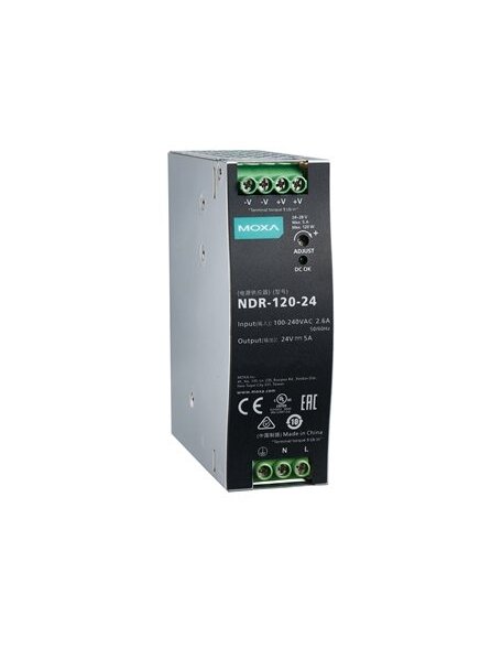 Moxa (NDR-120-24) 120 W/5.0 A DIN-rail 24 VDC power supply, universal 90 to 264 VAC or 127 to 370 VDC input voltage, -20 to 70°C operating temperature