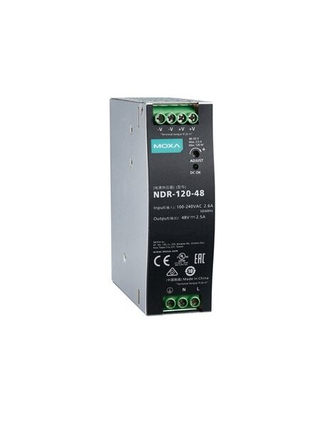 Moxa (NDR-120-48) 120 W/2.5 A DIN-rail 48 VDC power supply, universal 90 to 264 VAC or 127 to 370 VDC input voltage, -20 to 70°C operating temperature
