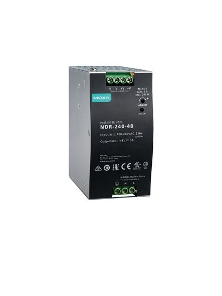 Moxa (NDR-240-48) 240 W/5.0 A DIN-rail 48 VDC power supply, universal 90 to 264 VAC or 127 to 370 VDC input voltage, -20 to 70°C operating temperature Moxa (NDR-240-48) 240 W/5.0 A DIN-rail 48 VDC power supply, universal 90 to 264 VAC or 127 to 370 VDC input voltage, -20 to 70°C operating temperature