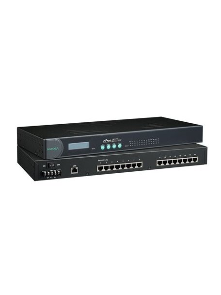Moxa (NPort 5610-16-48V) 16-port RS-232 rackmount device server with RJ45 connectors and 48 VDC power input