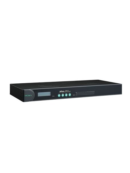 Moxa (NPort 5650-16) 16-port RS-232/422/485 rackmount device server with RJ45 connectors and 100 to 240 VAC power input