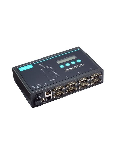 Moxa (NPort 5650-8-DT) 8-port RS-232/422/485 desktop device server with DB9 male connectors and 48 VDC power input