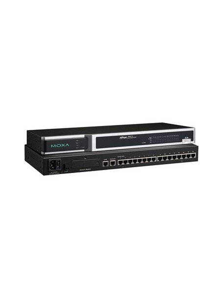 Moxa (NPort 6650-16-T) 16-port RS-232/422/485 to Ethernet secure terminal server, -40 to 75°C operating temperature, 100 to 240 VAC input