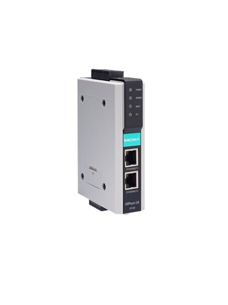 Moxa (NPort IA-5150I-T) 1-port RS-232/422/485 device server with 2 10/100BaseT(X) ports (RJ45 connectors, single IP) and 2 kV optical isolation, -40 to 75°C operating temperature Moxa (NPort IA-5150I-T) 1-port RS-232/422/485 device server with 2 10/100BaseT(X) ports (RJ45 connectors, single IP) and 2 kV optical isolation, -40 to 75°C operating temperature