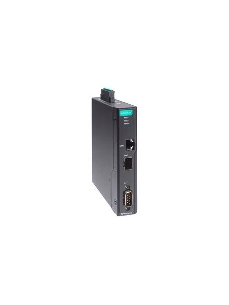 Moxa (NPort IA5150-SFP-G2-T) 2nd Gen 1-port RS-232/422/485 DIN-rail serial device server with 1 RJ45 port, 1 SFP port, -40 to 75°C operating temperature