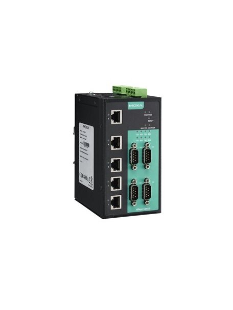 Moxa (NPort S8455I-T) 4 RS-232/422/485 ports, 5 10/100BaseT(X) ports, 12 to 48 VDC, 2 kV isolation protection, -40 to 75°C operating temperature Moxa (NPort S8455I-T) 4 RS-232/422/485 ports, 5 10/100BaseT(X) ports, 12 to 48 VDC, 2 kV isolation protection, -40 to 75°C operating temperature