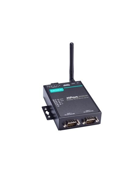 Moxa (NPort W2250A-W4-EU) 2-port RS-232/422/485 wireless device server with 802.11a/b/g/n WLAN EU band, EU plug. 12 to 48 VDC, 0 to 55°C operating temperature